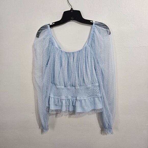 Audrey Parks Soft Blue Tulle Blouse Sheer Long Sleeve Crop V-Neck Size Large - Picture 4 of 10